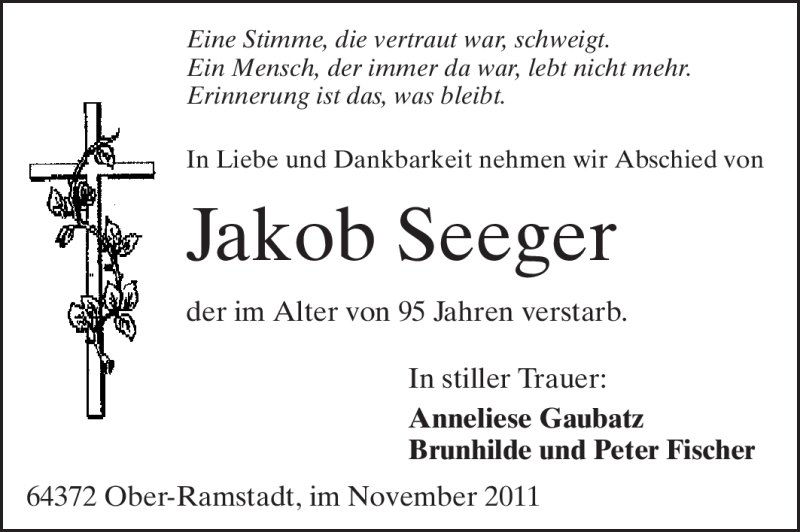  Traueranzeige für Jakob Seeger vom 12.11.2011 aus Echo-Zeitungen (Gesamtausgabe)