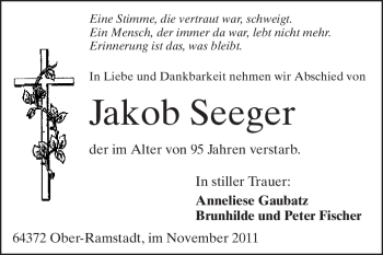 Traueranzeige von Jakob Seeger von Echo-Zeitungen (Gesamtausgabe)