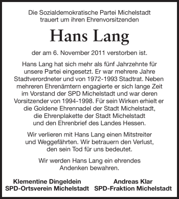 Traueranzeige von Hans Lang von Odenwälder Echo