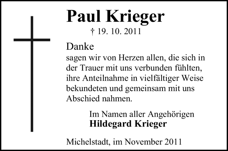  Traueranzeige für Paul Krieger vom 11.11.2011 aus Odenwälder Echo