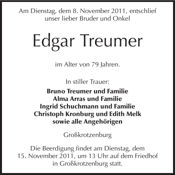 Traueranzeige von Edgar Treumer von Darmstädter Echo, Odenwälder Echo, Rüsselsheimer Echo, Groß-Gerauer-Echo, Ried Echo