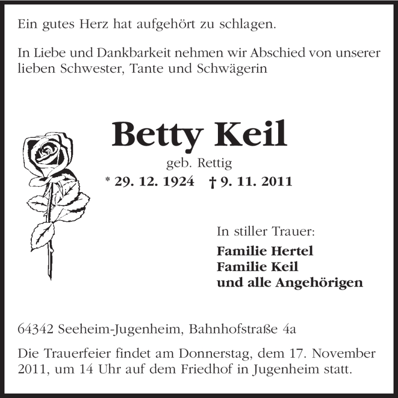  Traueranzeige für Betty Keil vom 12.11.2011 aus Darmstädter Echo, Odenwälder Echo, Rüsselsheimer Echo, Groß-Gerauer-Echo, Ried Echo