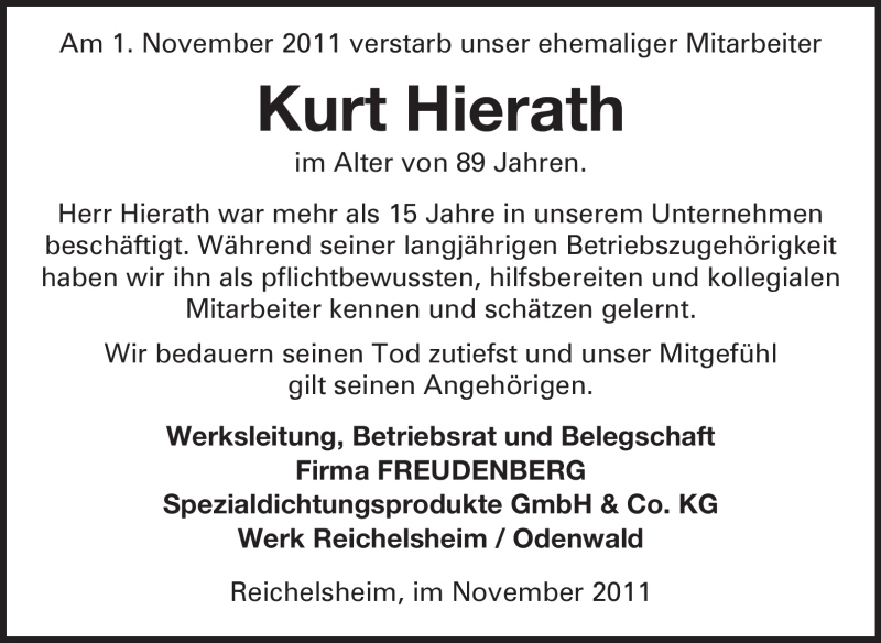  Traueranzeige für Kurt Hierath vom 12.11.2011 aus Odenwälder Echo