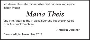Traueranzeige von Maria Theis von Darmstädter Echo, Odenwälder Echo, Rüsselsheimer Echo, Groß-Gerauer-Echo, Ried Echo