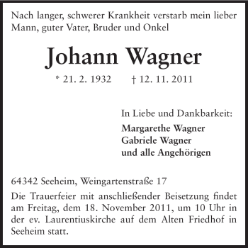 Traueranzeige von Johann Wagner von Echo-Zeitungen (Gesamtausgabe)