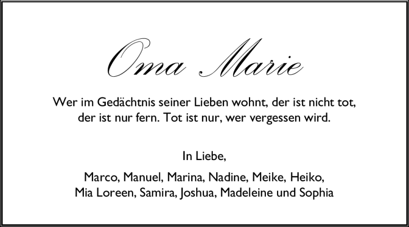 Traueranzeige für Marie  vom 15.11.2011 aus Odenwälder Echo
