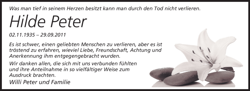  Traueranzeige für Hilde Peter vom 15.11.2011 aus Rüsselsheimer Echo, Groß-Gerauer-Echo, Ried Echo