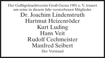Traueranzeige von Mitglieder Geflügelzuchtverein Groß-Gerau von Rüsselsheimer Echo, Groß-Gerauer-Echo, Ried Echo