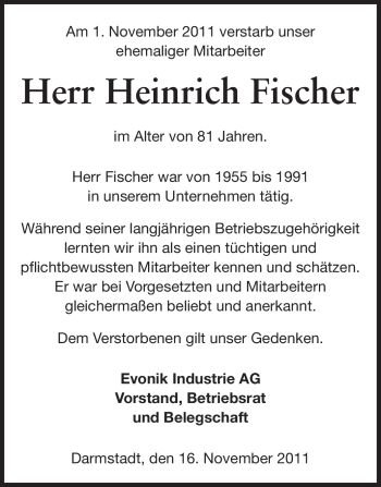 Traueranzeige von Heinrich Fischer von Echo-Zeitungen (Gesamtausgabe)