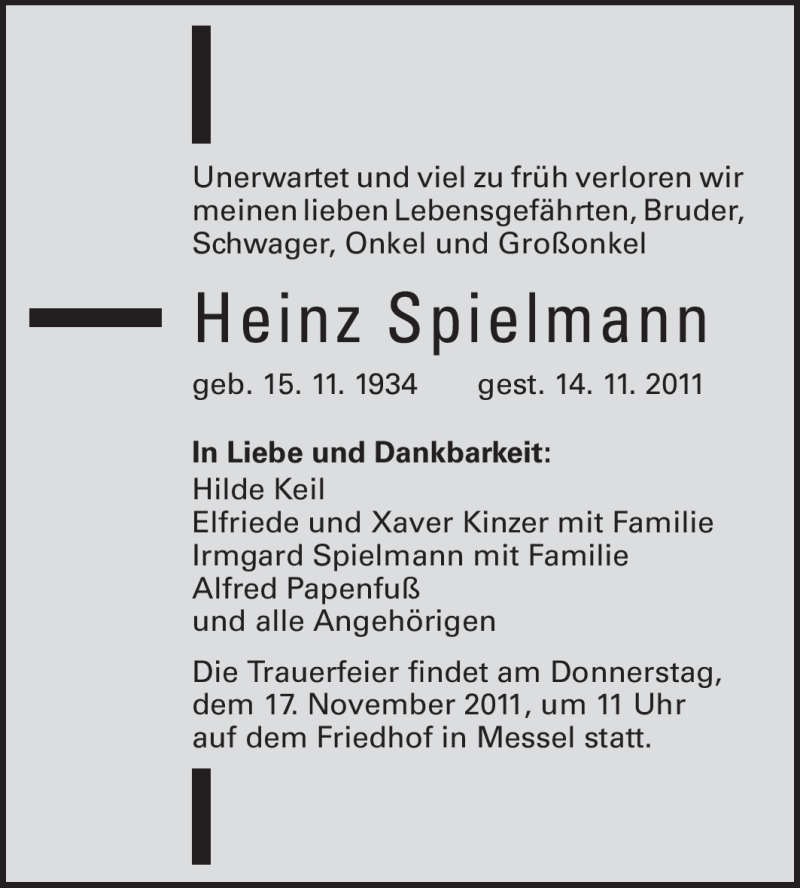  Traueranzeige für Heinz Spielmann vom 16.11.2011 aus Echo-Zeitungen (Gesamtausgabe)