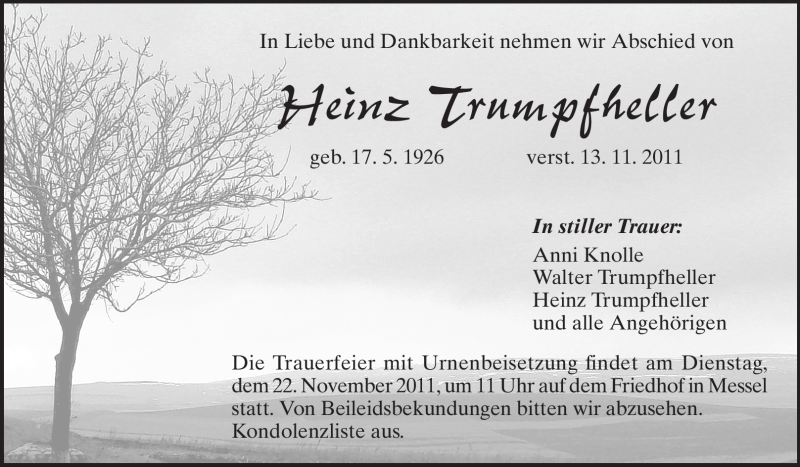  Traueranzeige für Heinz Trumpfheller vom 19.11.2011 aus Echo-Zeitungen (Gesamtausgabe)
