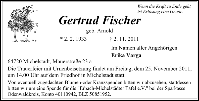  Traueranzeige für Gertrud Fischer vom 17.11.2011 aus Odenwälder Echo