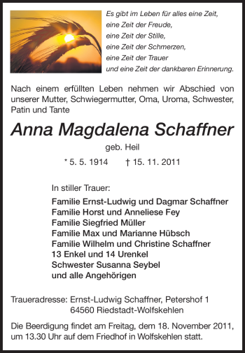 Traueranzeige von Anna Magdalena Schaffner von Rüsselsheimer Echo, Groß-Gerauer-Echo, Ried Echo