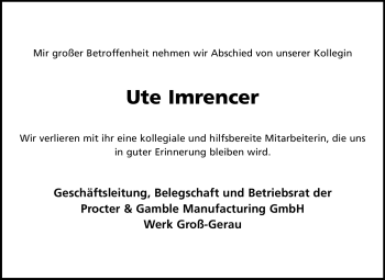 Traueranzeige von Ute Imrencer von Rüsselsheimer Echo, Groß-Gerauer-Echo, Ried Echo