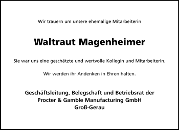 Traueranzeige von Waltraud Magenheimer von Rüsselsheimer Echo, Groß-Gerauer-Echo, Ried Echo