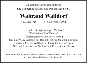 Traueranzeige von Waltraud Walldorf von Darmstädter Echo, Odenwälder Echo, Rüsselsheimer Echo, Groß-Gerauer-Echo, Ried Echo