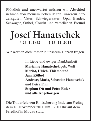 Traueranzeige von Josef Hanatschek von Echo-Zeitungen (Gesamtausgabe)