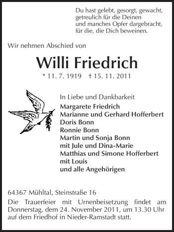 Traueranzeige von Willi Friedrich von Echo-Zeitungen (Gesamtausgabe)