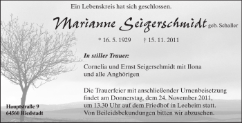 Traueranzeige von Marianne Seigerschmidt von Rüsselsheimer Echo, Groß-Gerauer-Echo, Ried Echo