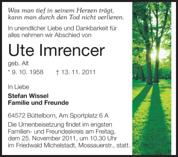 Traueranzeige von Ute Imrencer von Rüsselsheimer Echo, Groß-Gerauer-Echo, Ried Echo