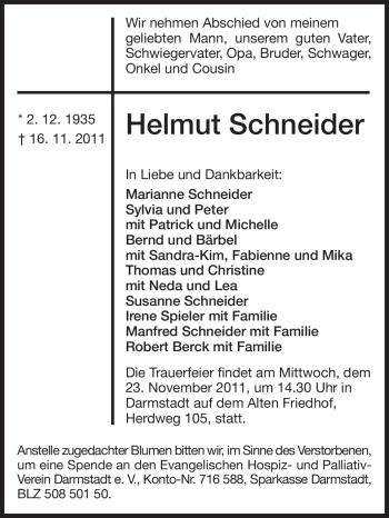 Traueranzeige von Helmut Schneider von Echo-Zeitungen (Gesamtausgabe)