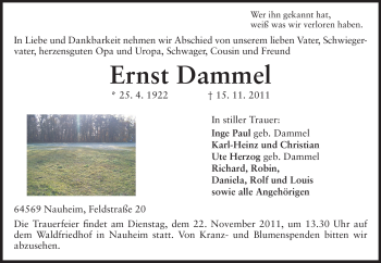 Traueranzeige von Ernst Dammel von Rüsselsheimer Echo, Groß-Gerauer-Echo, Ried Echo