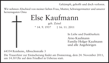 Traueranzeige von Else Kaufmann von Darmstädter Echo, Odenwälder Echo, Rüsselsheimer Echo, Groß-Gerauer-Echo, Ried Echo
