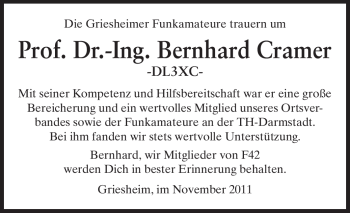Traueranzeige von Bernhard Cramer von Echo-Zeitungen (Gesamtausgabe)