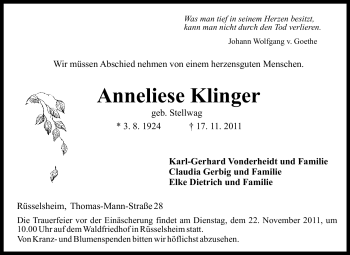Traueranzeige von Anneliese Klinger von Rüsselsheimer Echo, Groß-Gerauer-Echo, Ried Echo