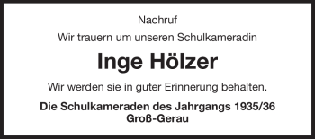 Traueranzeige von Inge Hölzer von Rüsselsheimer Echo, Groß-Gerauer-Echo, Ried Echo