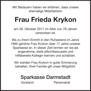 Traueranzeige von Frieda Krykon von Echo-Zeitungen (Gesamtausgabe)