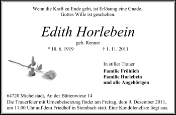 Traueranzeige von Edith Horlebein von Odenwälder Echo
