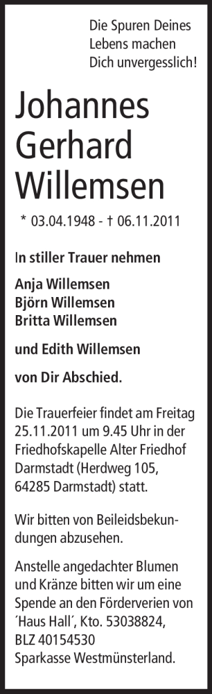 Traueranzeige von Johannes Gerhard Willemsen von Darmstädter Echo, Odenwälder Echo, Rüsselsheimer Echo, Groß-Gerauer-Echo, Ried Echo