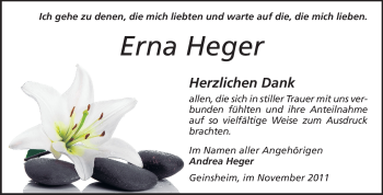 Traueranzeige von Erna Heger von Rüsselsheimer Echo, Groß-Gerauer-Echo, Ried Echo