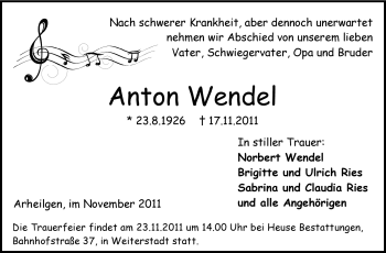 Traueranzeige von Anton Wendel von Echo-Zeitungen (Gesamtausgabe)