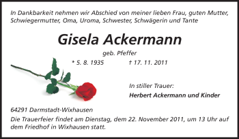 Traueranzeige von Gisela Ackermann von Echo-Zeitungen (Gesamtausgabe)