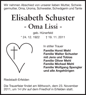 Traueranzeige von Elisabeth Schuster von Rüsselsheimer Echo, Groß-Gerauer-Echo, Ried Echo