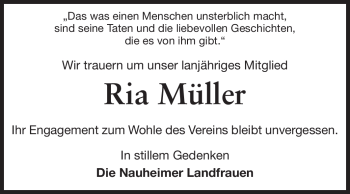 Traueranzeige von Maria Müller  von Rüsselsheimer Echo, Groß-Gerauer-Echo, Ried Echo