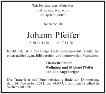 Traueranzeige von Johann Pfeifer von Darmstädter Echo, Odenwälder Echo, Rüsselsheimer Echo, Groß-Gerauer-Echo, Ried Echo