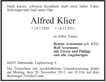 Traueranzeige von Alfred Klier von Darmstädter Echo, Odenwälder Echo, Rüsselsheimer Echo, Groß-Gerauer-Echo, Ried Echo