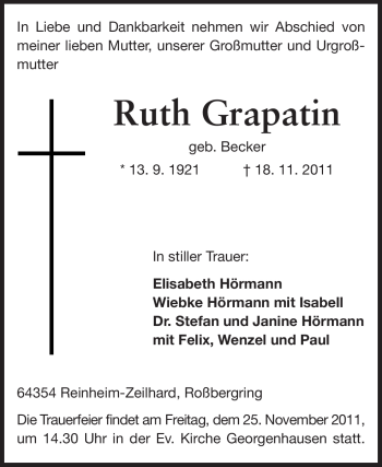Traueranzeige von Ruth Grapatin von Echo-Zeitungen (Gesamtausgabe)