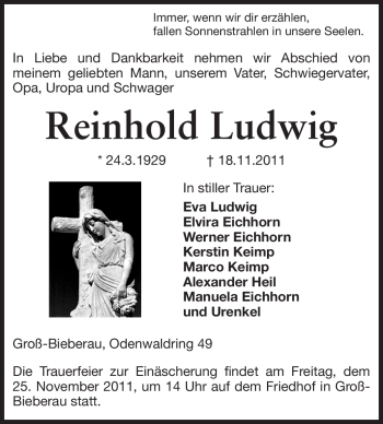 Traueranzeige von Reinhold Ludwig von Darmstädter Echo, Odenwälder Echo, Rüsselsheimer Echo, Groß-Gerauer-Echo, Ried Echo