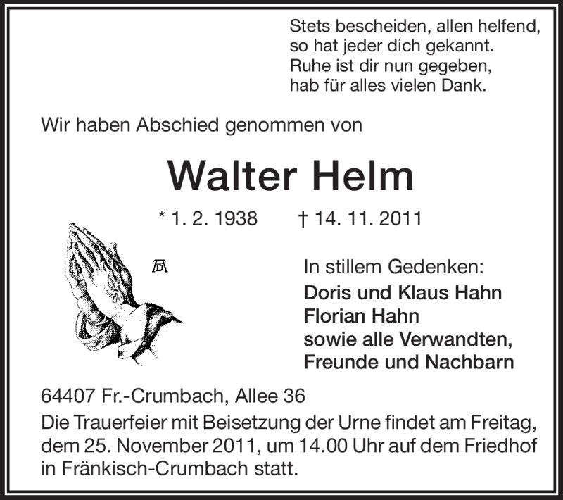  Traueranzeige für Walter Helm vom 23.11.2011 aus Odenwälder Echo