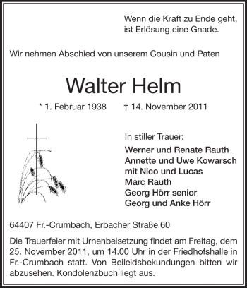 Traueranzeige von Walter Helm von Odenwälder Echo