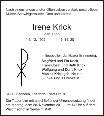 Traueranzeige von Irene Krick von Echo-Zeitungen (Gesamtausgabe)