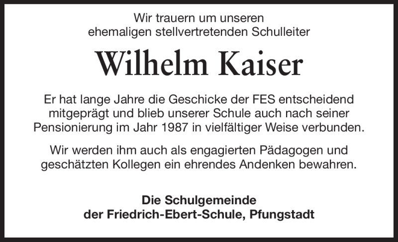  Traueranzeige für Wilhelm Kaiser vom 22.11.2011 aus Echo-Zeitungen (Gesamtausgabe)