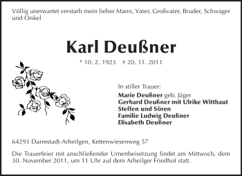 Traueranzeige von Karl Deußner von Darmstädter Echo, Odenwälder Echo, Rüsselsheimer Echo, Groß-Gerauer-Echo, Ried Echo