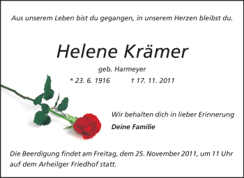 Traueranzeige von Helene Kräemer von Darmstädter Echo, Odenwälder Echo, Rüsselsheimer Echo, Groß-Gerauer-Echo, Ried Echo
