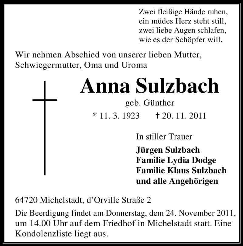  Traueranzeige für Anna Sulzbach vom 22.11.2011 aus Odenwälder Echo
