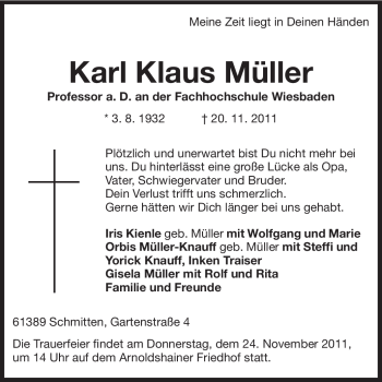 Traueranzeige von Karl Klaus Müller von Rüsselsheimer Echo, Groß-Gerauer-Echo, Ried Echo